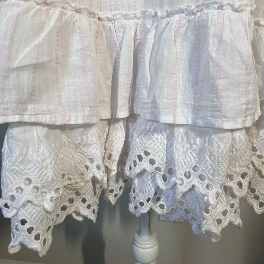 Shabby Chic White Pink‎ Striped Nightgown Square Neck Lace Ruffle Cotton Size M